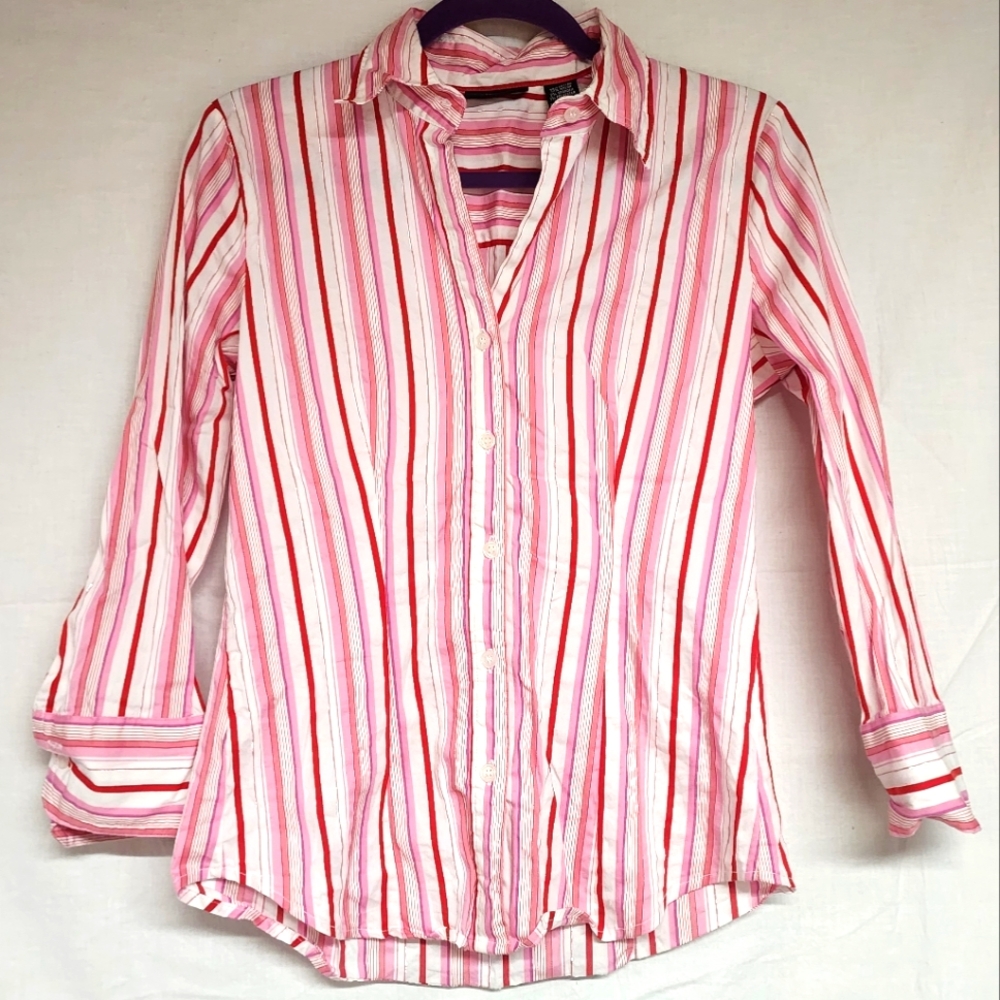 New York & Company Pink, Red, and White Striped Shirt